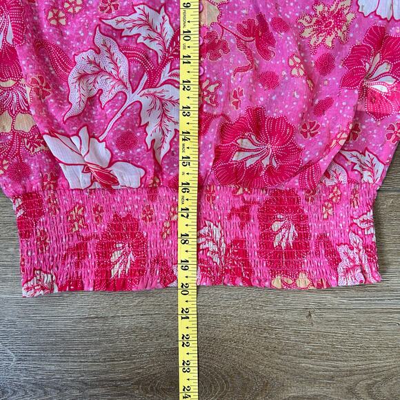 Joie Semi Sheer Pink Floral Top Womens Sz Medium Smocked Waist Cottagecore Boho - Picture 6 of 12